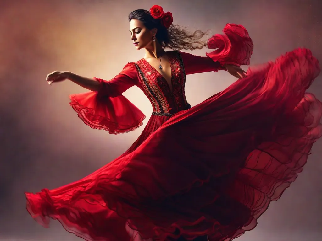 Uma imagem de uma apaixonada dançarina de flamenco se movendo graciosamente ao ritmo das cordas da guitarra. As cores vibrantes de seu vestido e a intensidade em seus olhos capturam a essência da dança cativante e cheia de alma da Espanha.