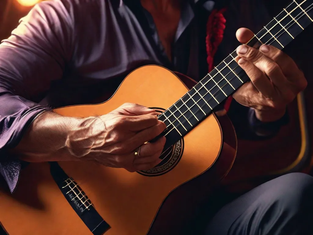 Uma imagem em close das mãos de um guitarrista de flamenco apaixonadamente dedilhando as cordas de uma guitarra, capturando a intensidade e emoção da música flamenca espanhola. Os dedos se movem rapidamente, criando um ritmo hipnotizante que ressoa na alma.