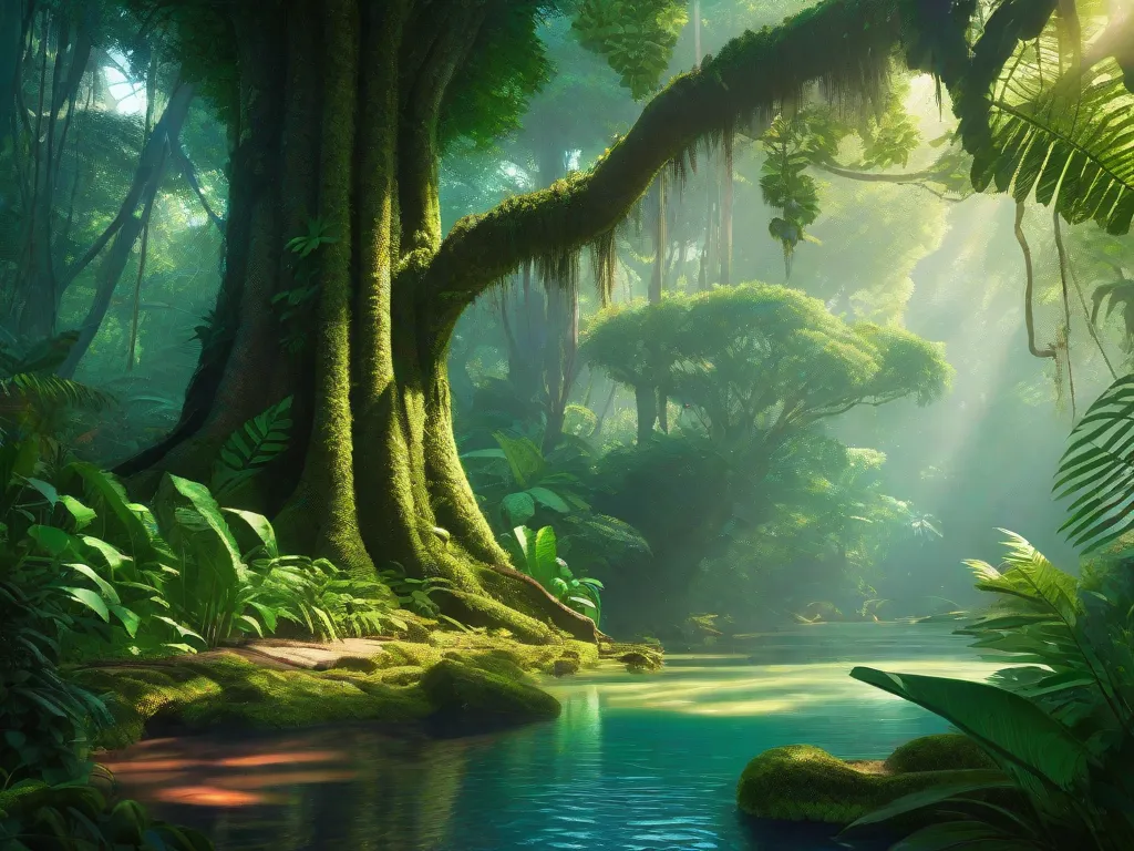 Descrição da imagem: Uma cena vibrante e exuberante de uma floresta tropical, com árvores altas e um dossel denso. A luz do sol filtra pelas folhas, lançando sombras pontilhadas no chão da floresta. Um rio sinuoso flui pela paisagem, refletindo os tons verdes vibrantes ao redor. A imagem captura a beleza encantadora e mística da