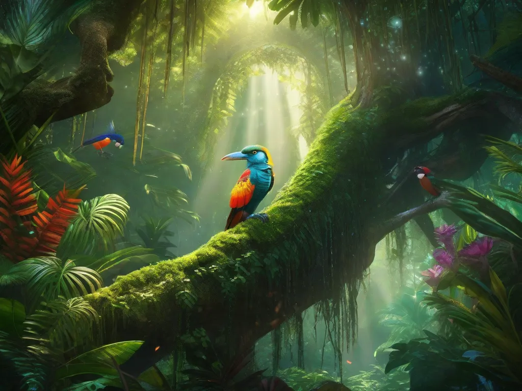 Uma imagem vibrante de uma exuberante floresta amazônica emerge, onde criaturas exóticas e pássaros coloridos coexistem com seres místicos. No meio de tudo isso, uma árvore mágica se ergue alta, seus galhos adornados com cristais brilhantes que emitem um brilho hipnotizante, infundindo a cena com encanto e admiração.