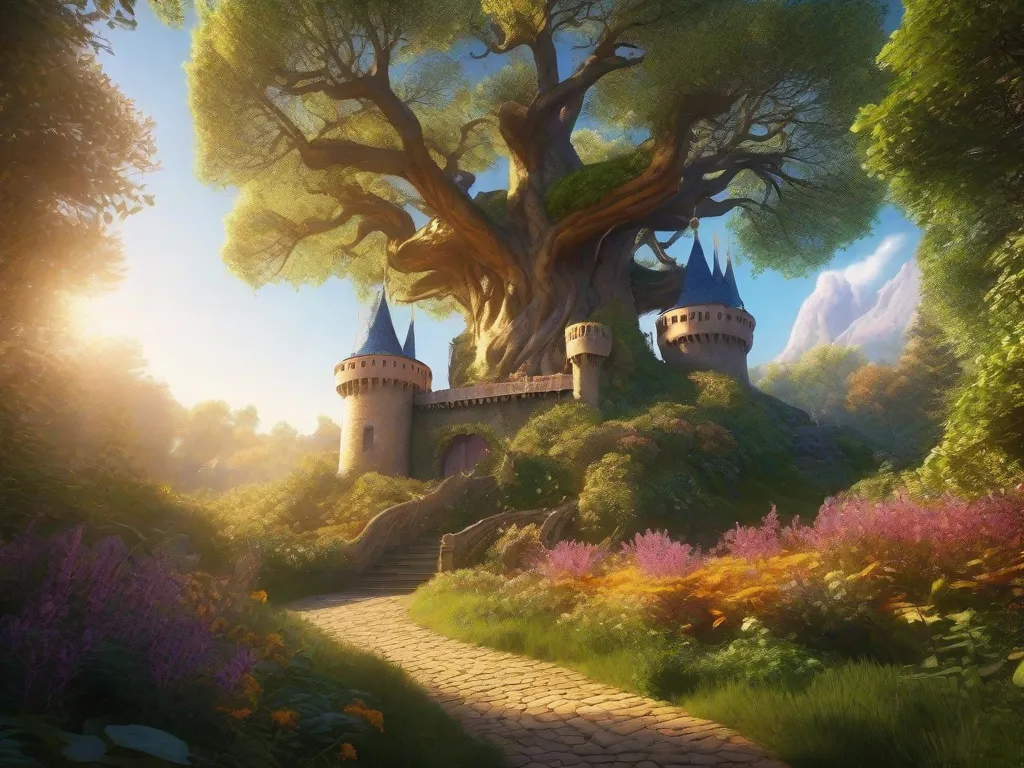 A imagem retrata um castelo imponente em meio a uma paisagem deslumbrante. As torres do castelo se erguem até o céu, enquanto um arco-íris brilha ao fundo. A cena transmite a magia e o encanto dos contos de fadas, convidando o espectador a embarcar em uma jornada por terras encantadas.
