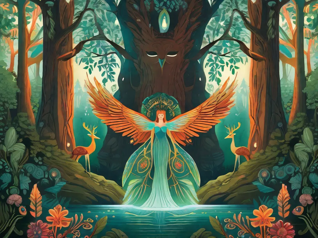 Uma ilustração vibrante de uma majestosa floresta eslava, com árvores imponentes adornadas com símbolos místicos. No centro, uma criatura mítica, metade humana e metade pássaro, espalha suas asas em uma pose graciosa. A cena está cheia de criaturas encantadoras como ninfas, pássaros de fogo e espíritos da água,
