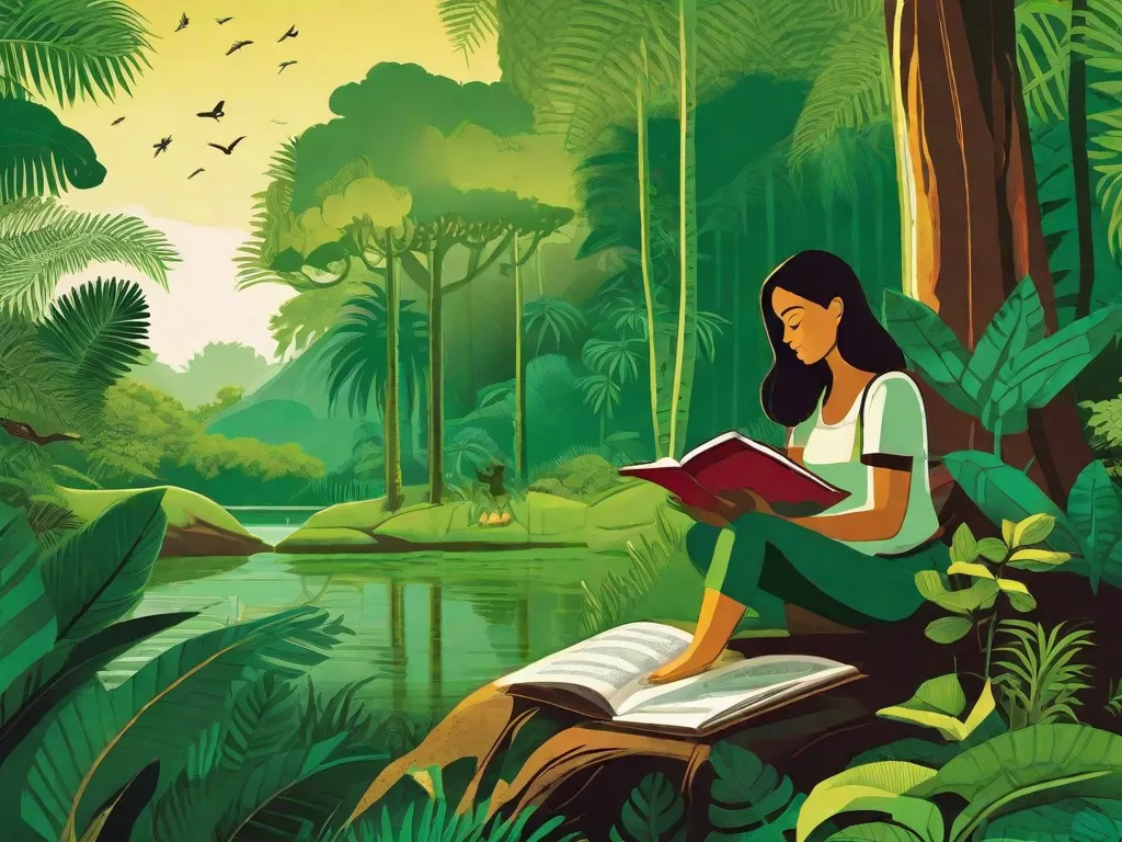 A imagem retrata uma floresta verde exuberante, com uma flora e fauna diversificadas. Na frente, uma pessoa está absorta na leitura de um livro intitulado 