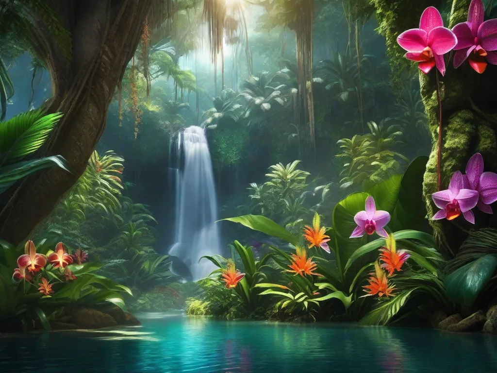Uma imagem vibrante de uma exuberante floresta tropical com árvores altas, seus galhos adornados com orquídeas e bromélias coloridas. A luz do sol atravessa a densa folhagem, lançando um brilho encantador em uma cachoeira escondida que cai em uma piscina cristalina. Pássaros exóticos com plumagens vibrantes voam acima, complet