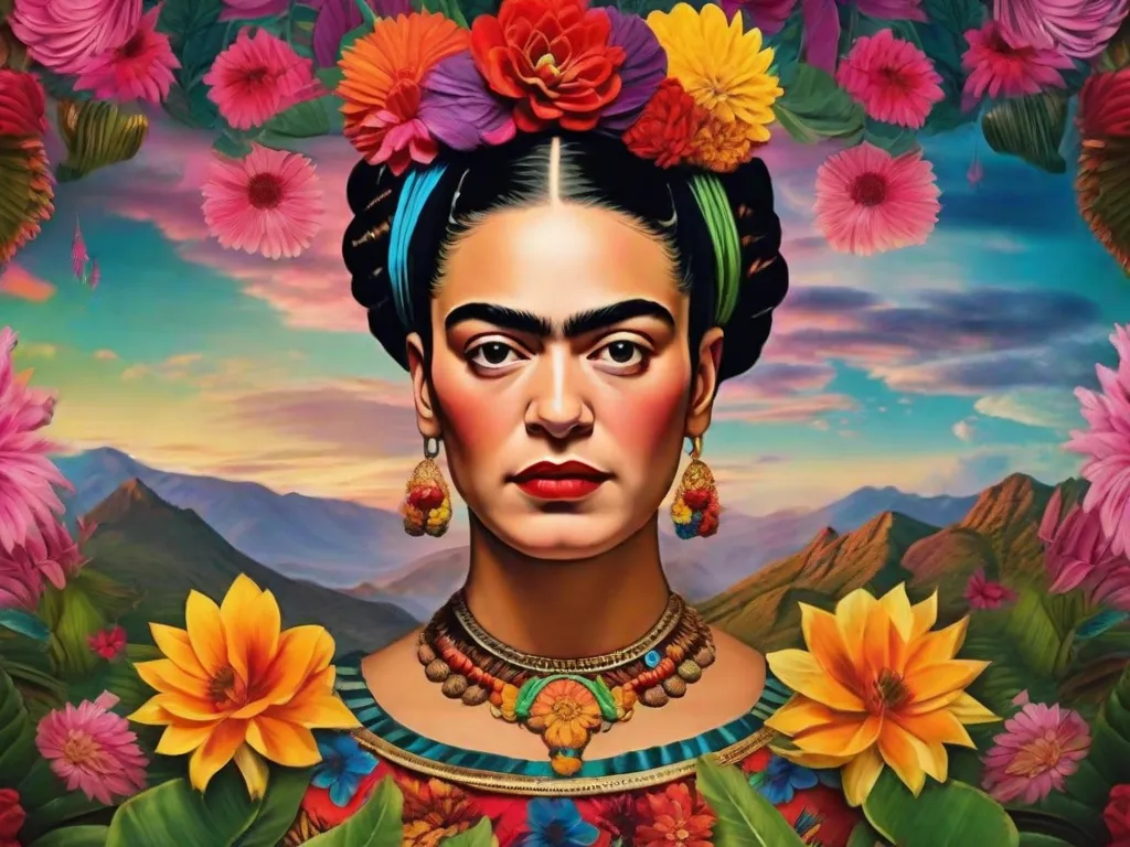 Experimente o misticismo contido nas pinturas de Frida Kahlo através desta imagem cativante. Um vibrante autorretrato de Frida emerge da tela, adornada com flores coloridas em seus cabelos e um olhar penetrante que reflete as profundezas de sua alma. Sua arte nos convida a explorar os reinos da imaginação e da introspecção.