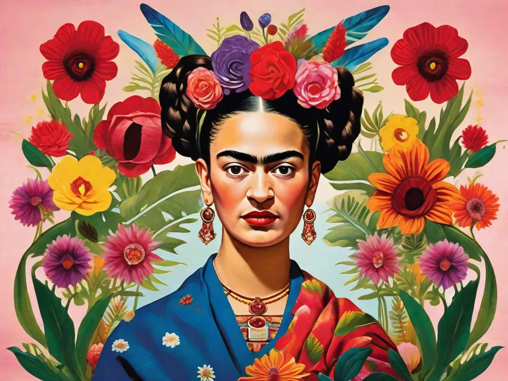 Experimente o misticismo presente nas pinturas de Frida Kahlo. Imagine um autorretrato vibrante em que a icônica sobrancelha unida e o olhar intenso de Frida cativam o espectador. Seus cabelos soltos são adornados com flores coloridas, simbolizando sua conexão com a natureza e sua herança mexicana. O fundo é uma paisagem surreal, misturando realidade e imag