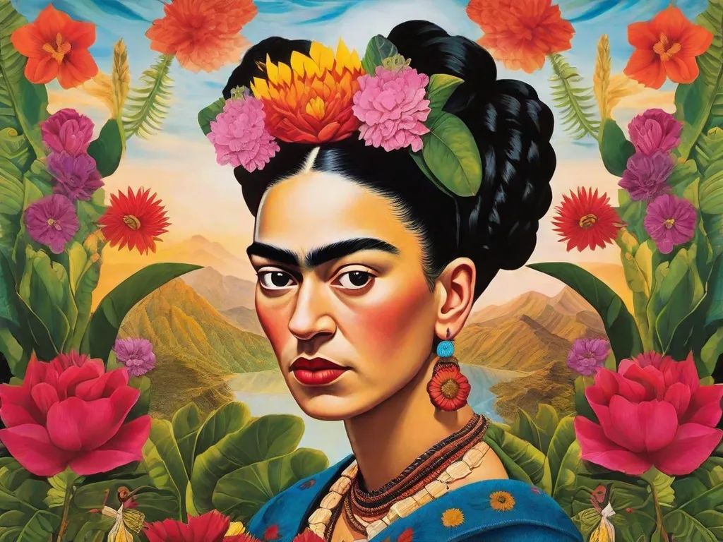 Descubra o misticismo contido nas pinturas de Frida Kahlo. Um vibrante autorretrato da artista emerge da tela, adornado com elementos simbólicos como flores, animais e paisagens surreais. As cores e texturas evocam uma sensação de introspecção, convidando os espectadores a mergulhar no enigmático mundo da arte de Kahlo.