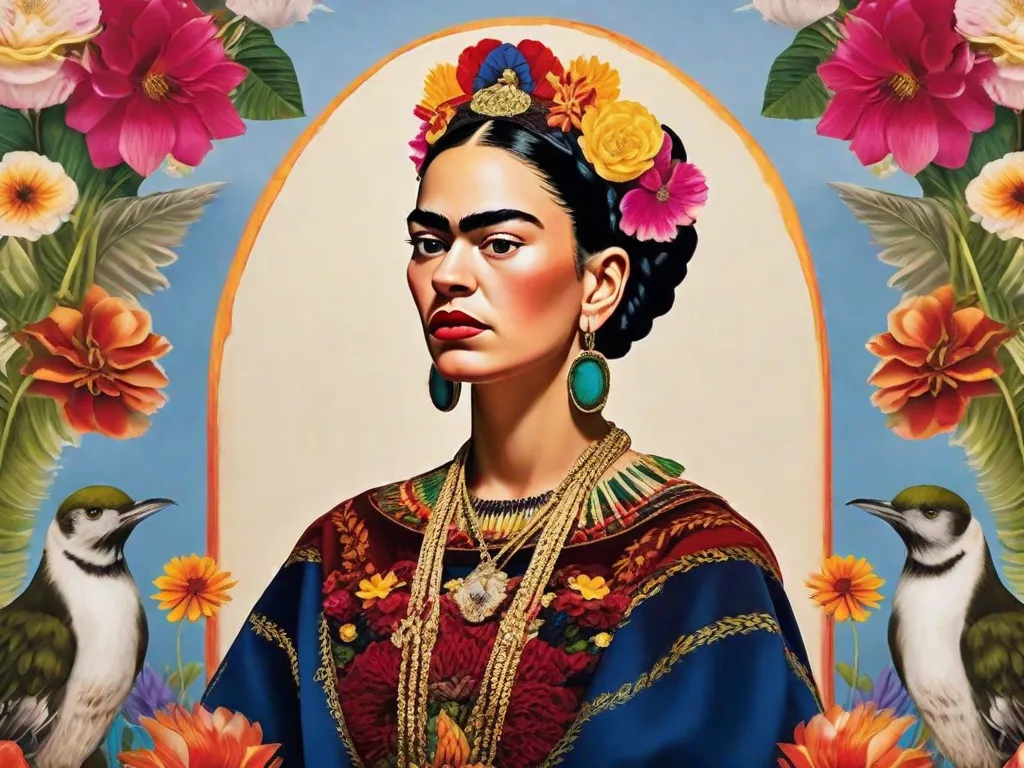 Experimente o misticismo presente nas pinturas de Frida Kahlo. Imagine um autorretrato vibrante em que a icônica sobrancelha unida e o olhar intenso de Frida cativam o espectador. Seus cabelos soltos são adornados com flores coloridas, simbolizando sua conexão com a natureza e sua herança mexicana. O fundo é uma paisagem surreal, misturando realidade e imag