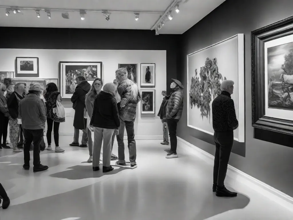 Uma fotografia em preto e branco de uma galeria de arte lotada, com pessoas de todas as idades e origens admirando pinturas e esculturas abstratas. As obras em exibição refletem a natureza ousada e experimental dos movimentos avant-garde europeus, mostrando seu impacto revolucionário na estética.