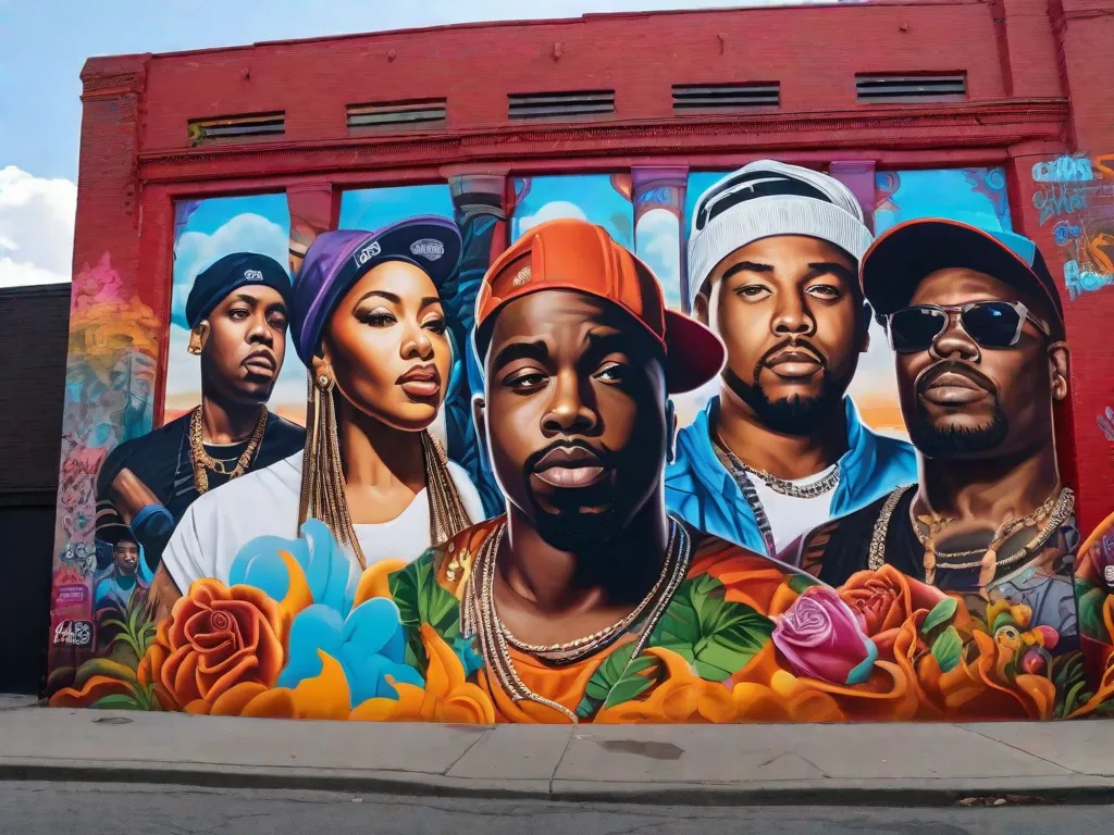 Um vibrante mural de grafite adorna as paredes de um movimentado bairro urbano, retratando imagens poderosas de união, resiliência e ativismo social. As cores vibrantes e os detalhes intricados da obra de arte refletem o impacto profundo da música rap nas periferias globais, capacitando comunidades e dando voz aos marginalizados.