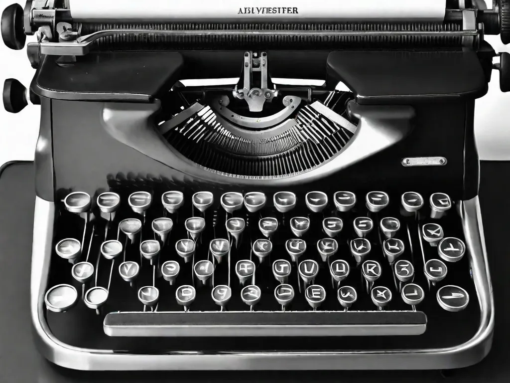 Uma fotografia em preto e branco de uma máquina de escrever, suas teclas levemente desgastadas pelo tempo. A imagem captura a essência da criatividade e da exploração literária, simbolizando o nascimento de 
