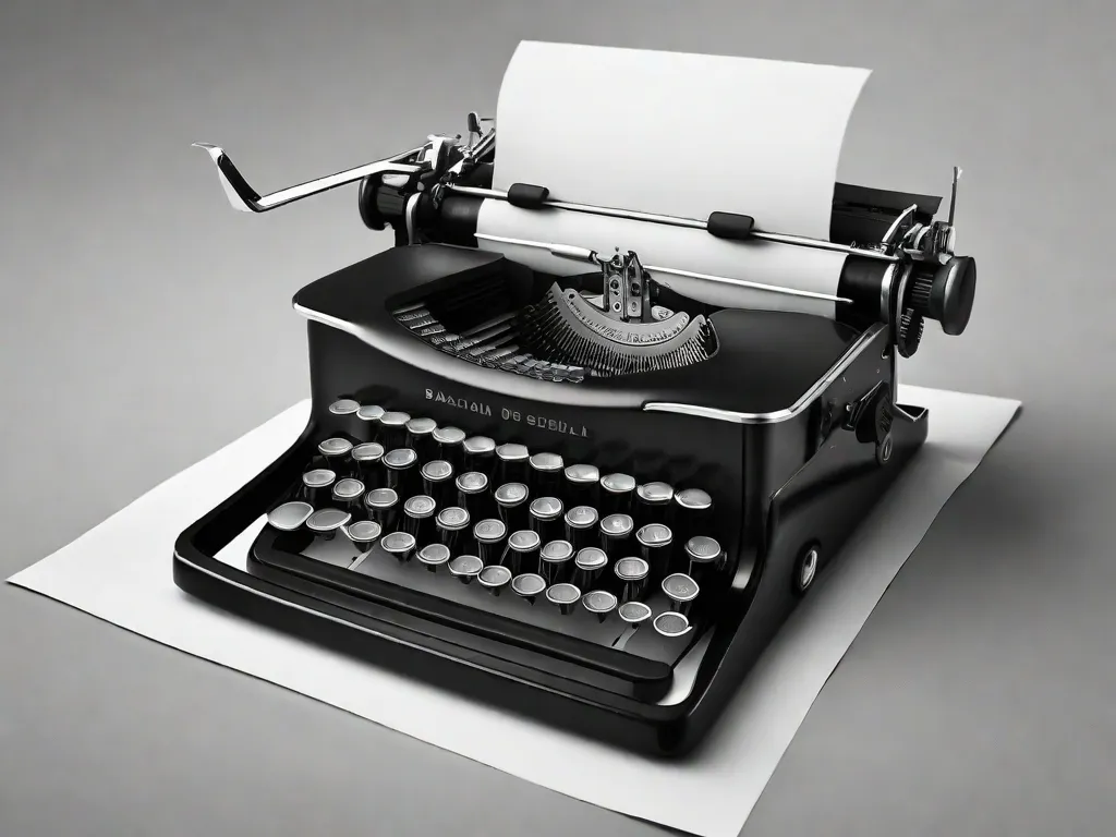 Uma fotografia em preto e branco de uma máquina de escrever, com suas teclas pressionadas e uma folha de papel saindo do rolo. A imagem captura a essência da criatividade e o poder das palavras, simbolizando o nascimento de 