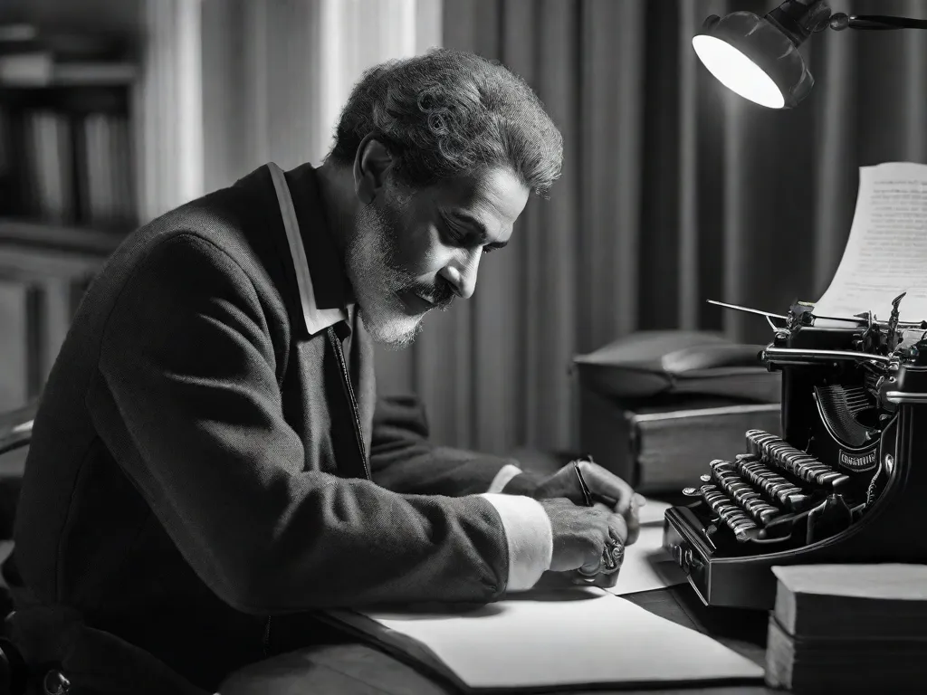 Uma fotografia em preto e branco de João Cabral de Melo Neto, um poeta brasileiro, sentado em uma mesa com uma máquina de escrever. A imagem captura sua intensa concentração enquanto ele meticulosamente cria sua poesia, combinando sua genialidade literária com a precisão de um engenheiro.