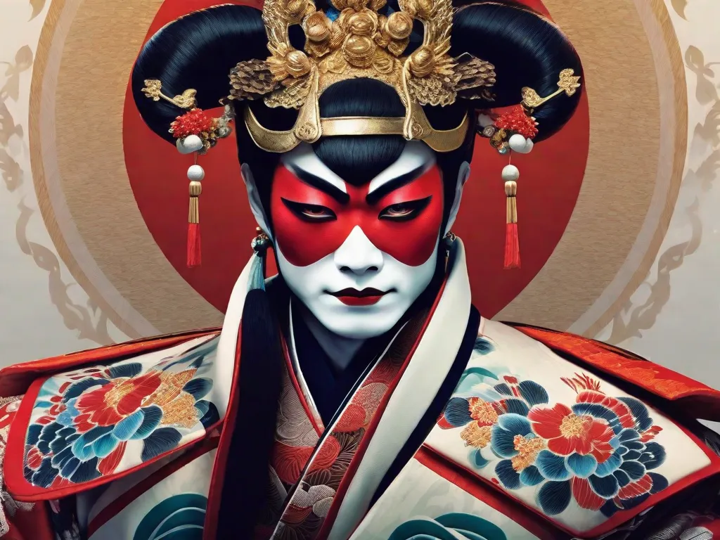 Uma imagem em close de um artista tradicional de Kabuki usando maquiagem vibrante e uma elaborada fantasia. A expressão intensa do artista e os detalhes faciais intrincados destacam a arte e a importância cultural do teatro Kabuki no Japão. A imagem captura a essência dessa forma icônica de entretenimento.