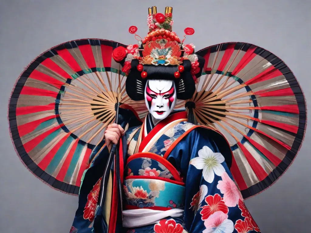Uma imagem em close de um artista tradicional de Kabuki usando maquiagem vibrante e uma elaborada fantasia. A expressão intensa do artista e os detalhes faciais intrincados destacam a arte e a importância cultural do teatro Kabuki no Japão. A imagem captura a essência dessa forma icônica de entretenimento.