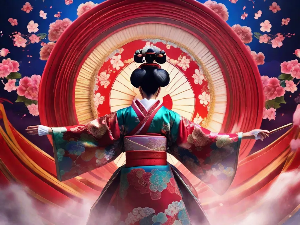 Uma imagem vibrante captura a essência do teatro Kabuki no Japão. Um artista adornado com um elaborado traje tradicional e maquiagem assume uma pose dinâmica, exalando graça e poder. O cenário colorido retrata uma cena hipnotizante de uma peça de Kabuki, imergindo a plateia na rica herança cultural dessa forma de arte teatral.