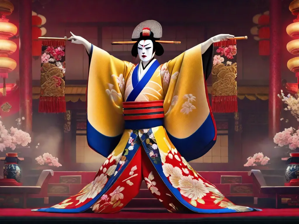 Uma imagem vibrante captura a essência do teatro Kabuki no Japão. Um ator hipnotizante, adornado com trajes tradicionais elaborados e maquiagem, assume uma pose dramática em um palco ricamente decorado. As cores vibrantes, os detalhes intricados e os gestos expressivos transmitem o rico impacto cultural do Kabuki, cativando audiências há séculos.
