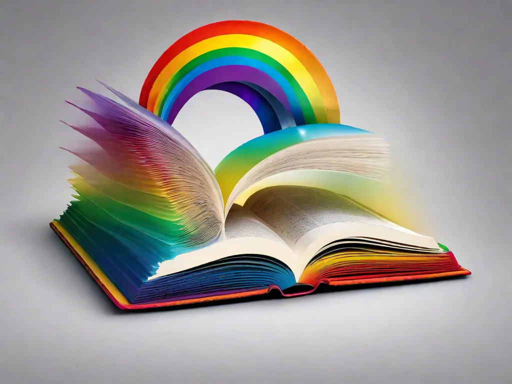 Uma imagem de um livro aberto com um vibrante arco-íris emergindo de suas páginas, simbolizando a representação diversa e inclusiva de personagens e temas LGBTQIA+ na literatura brasileira. As cores do arco-íris refletem a riqueza e a beleza das histórias e experiências da comunidade LGBTQIA+.