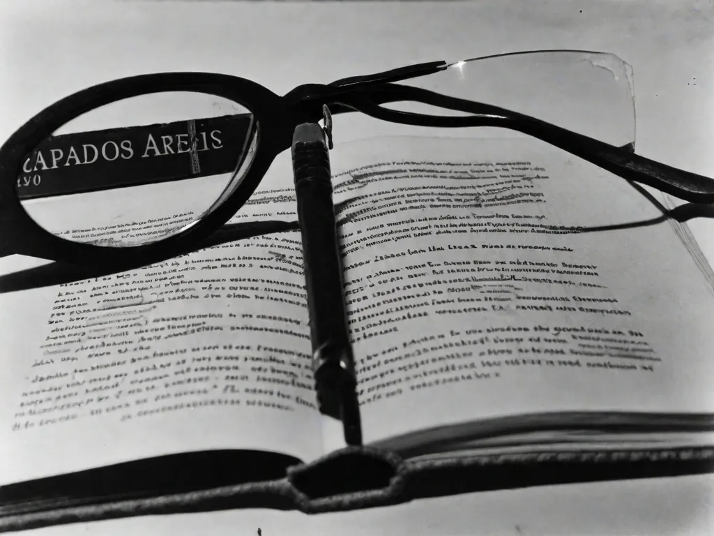 Descrição da imagem: Uma fotografia em preto e branco de um livro antigo e desgastado com o título 