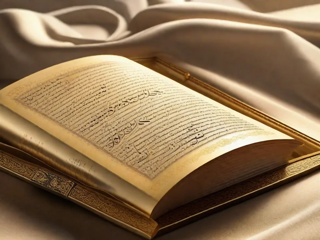 Uma imagem em close de um livro aberto com poesia árabe lindamente caligrafada, exibindo os detalhes intrincados da escrita. Os tons dourados do texto brilham à luz, simbolizando a riqueza e a influência da poesia árabe na cultura ocidental.
