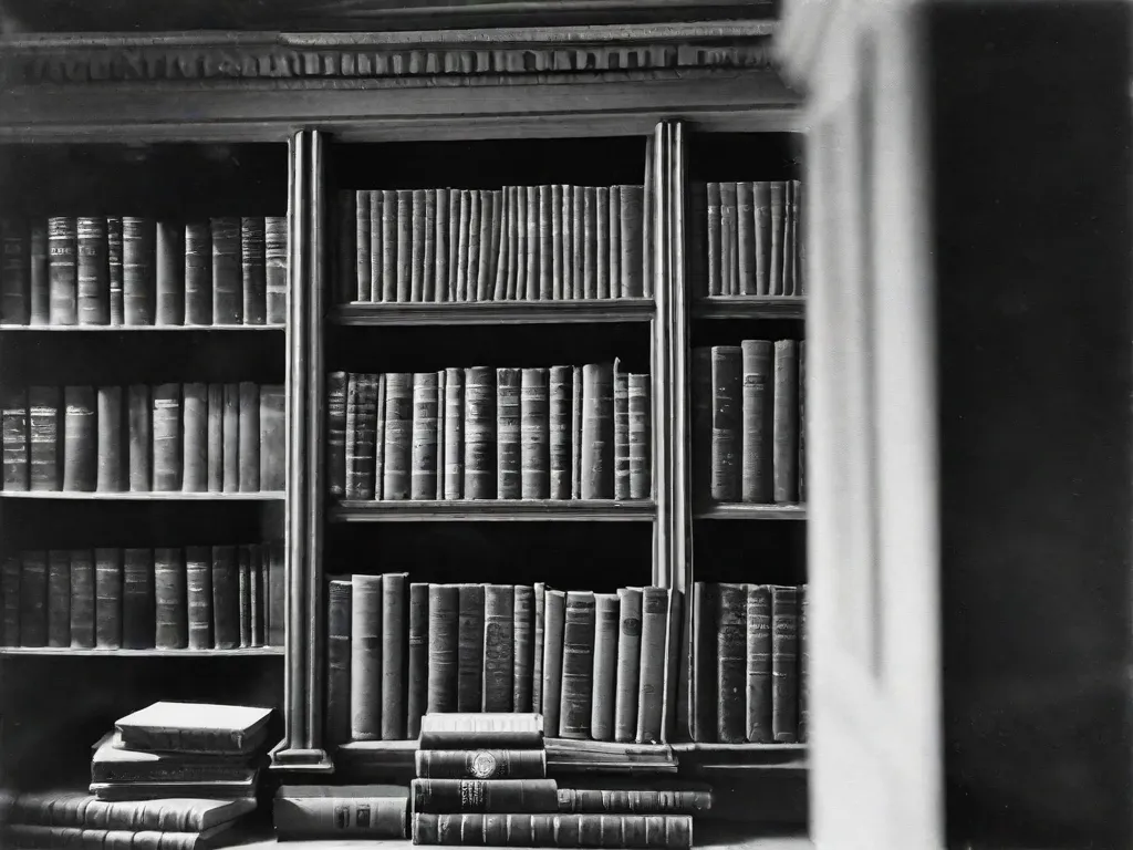 Descrição da imagem: Uma fotografia em preto e branco de uma estante de livros cheia de livros antigos e desgastados. Entre eles, destaca-se um livro intitulado 