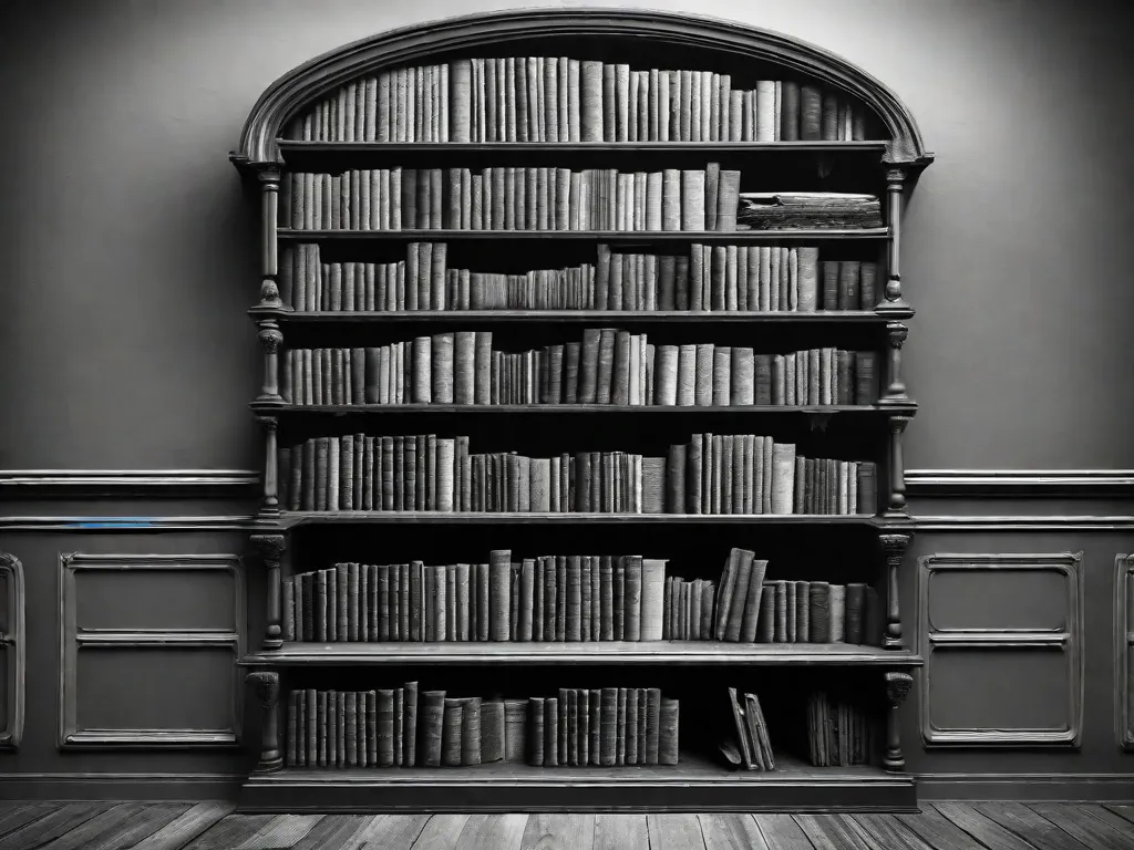 Uma fotografia em preto e branco de uma estante de livros desgastada, cheia de exemplares surrados de 