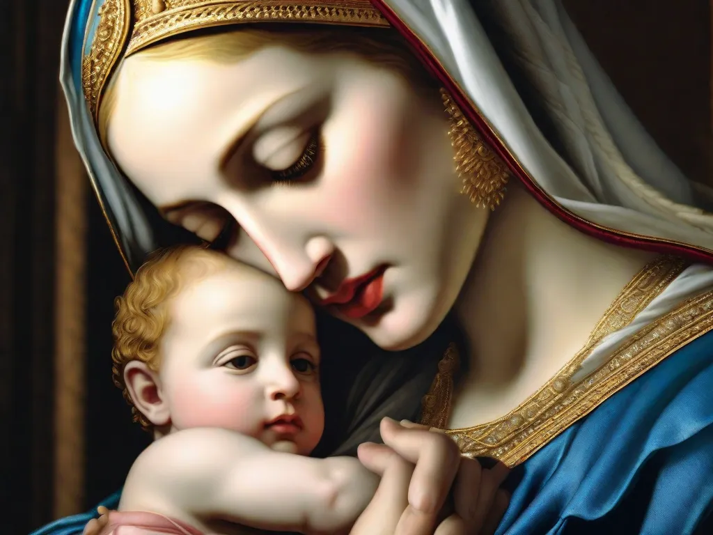 Uma imagem em close-up de Madonna e Child, pintada por Raphael, mostrando o estilo distinto do artista. Madonna é retratada com beleza serena, expressão suave e detalhes intrincados em suas vestes, destacando a maestria de Raphael em capturar a essência da graça divina.
