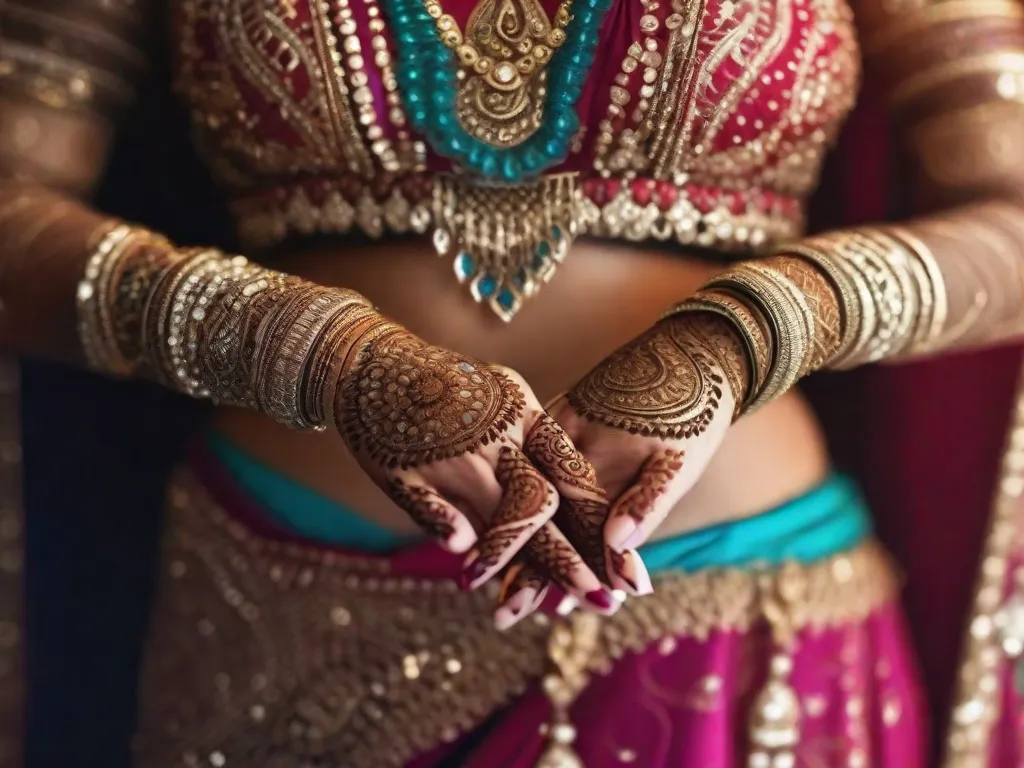 Uma imagem em close das mãos de uma dançarina do ventre adornadas com intricados desenhos de henna, movendo-se graciosamente ao ritmo da música do Oriente Médio. As cores vibrantes de seu traje e os padrões hipnotizantes em seu véu capturam a essência da encantadora forma de arte que é a dança do ventre.