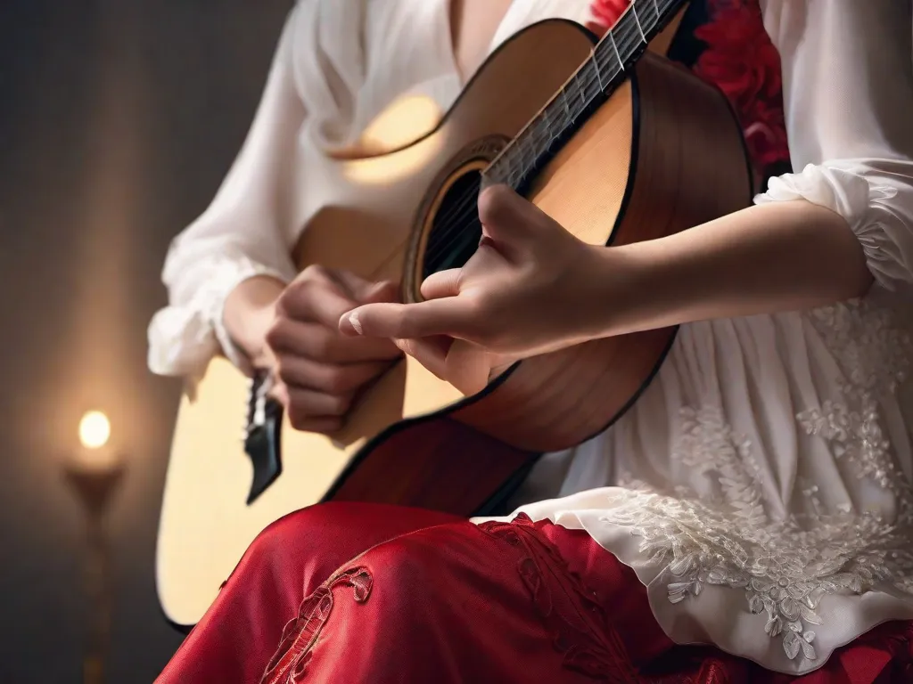 Uma imagem em close-up de um par de mãos tocando graciosamente as cordas de uma guitarra flamenca, capturando a paixão e intensidade da forma de arte espanhola. As mãos se movem rapidamente, produzindo melodias vibrantes que ressoam com a alma da Espanha.