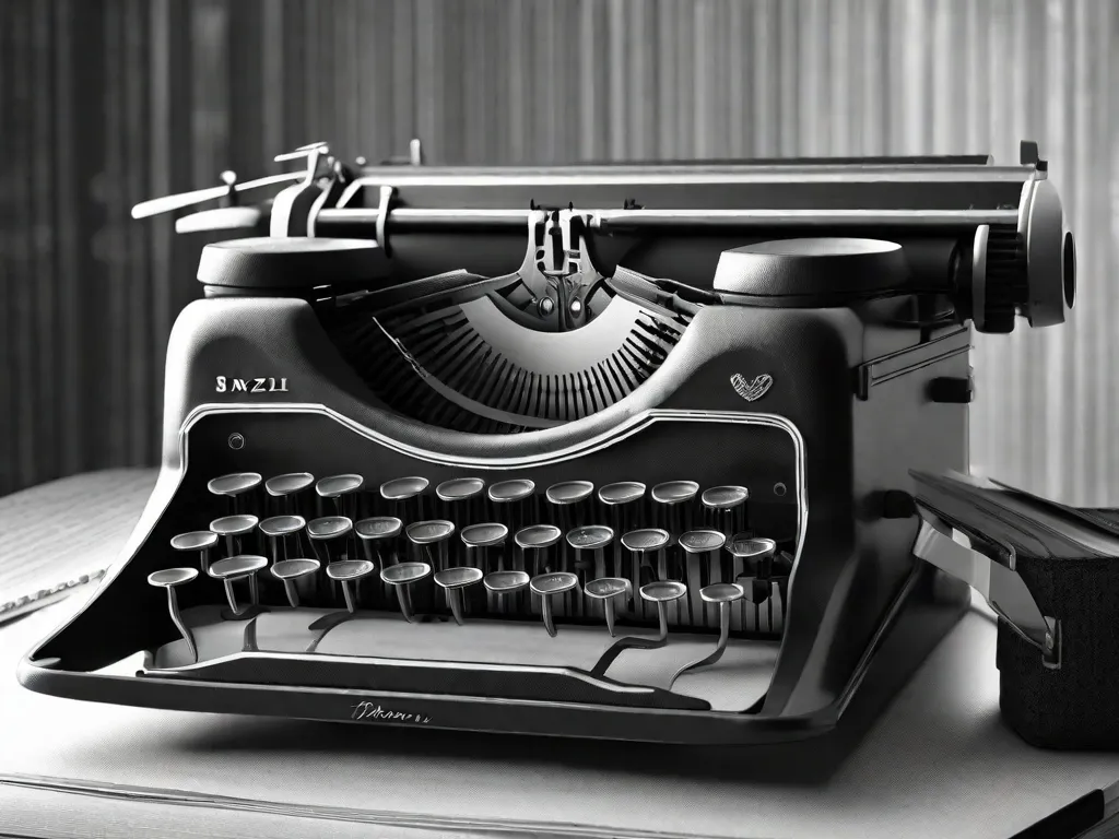 Uma imagem em preto e branco de uma máquina de escrever, simbolizando o início dos movimentos literários no Brasil. As teclas estão congeladas no meio do golpe, capturando a essência de cada era: do Modernismo ao Tropicalismo, a imagem representa a evolução da literatura brasileira ao longo dos anos.