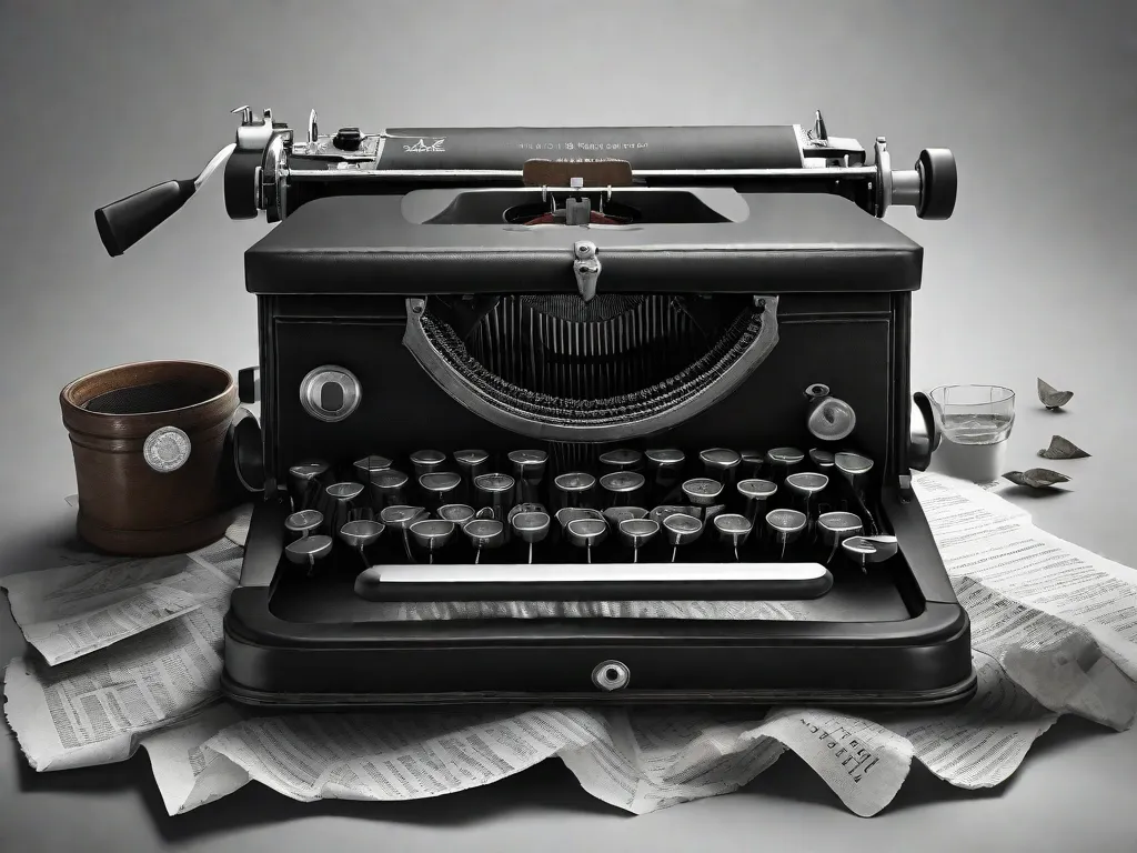 Uma imagem em preto e branco mostra uma máquina de escrever desgastada, simbolizando o gênio literário Machado de Assis. A máquina de escrever está cercada por pedaços amassados de papel, representando a profundidade de sua exploração psicológica e o realismo que ele trouxe para suas obras.