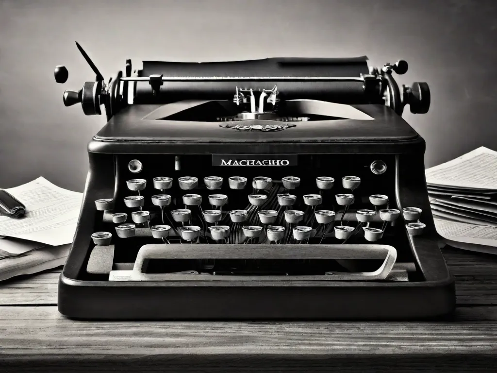 Uma imagem em preto e branco que destaca uma máquina de escrever vintage, simbolizando a maestria atemporal de Machado de Assis na literatura brasileira. As teclas estão prontas, capturando a essência de sua narrativa profunda e técnicas inovadoras, que continuam a inspirar gerações de leitores e escritores.