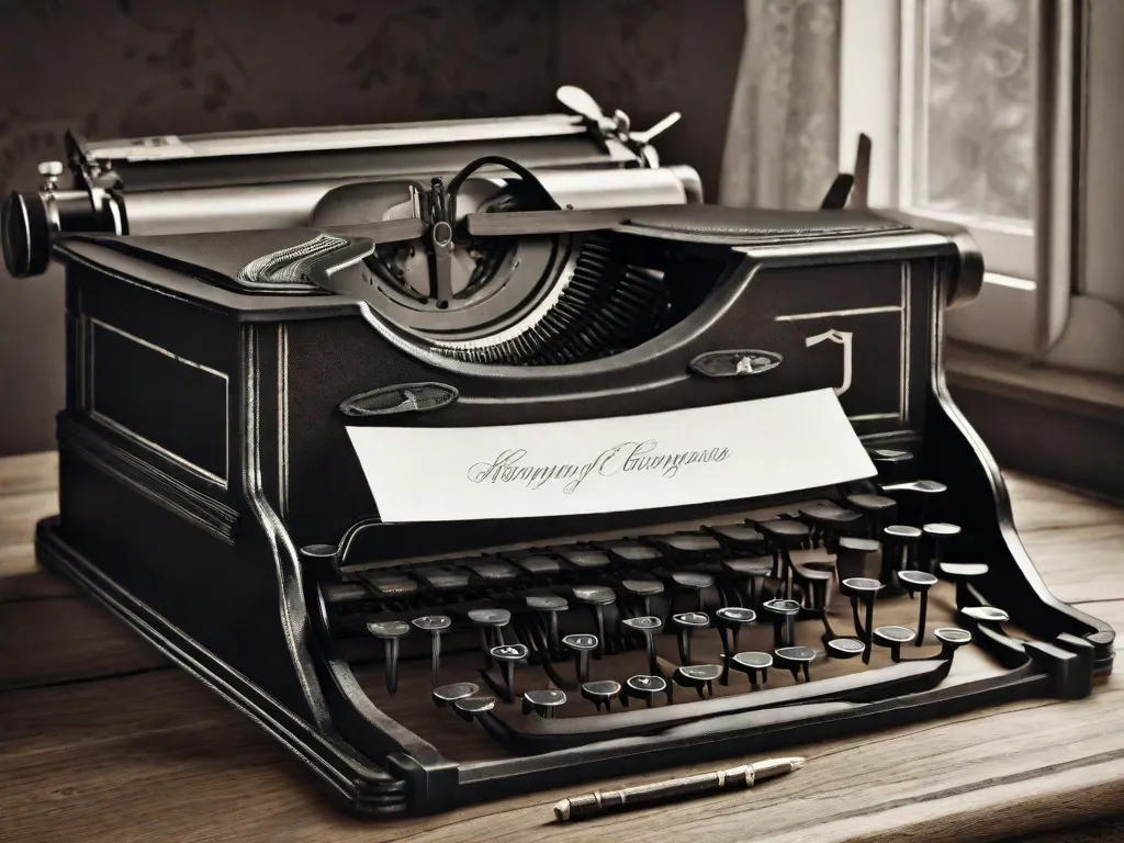 Descrição da imagem: Uma fotografia em preto e branco de uma antiga máquina de escrever sobre uma escrivaninha de madeira. As teclas estão levemente desgastadas, sugerindo anos de uso. Ao lado, há um conjunto de cartas escritas à mão amarradas com uma fita. A imagem evoca uma sensação de nostalgia e a arte de contar histórias.