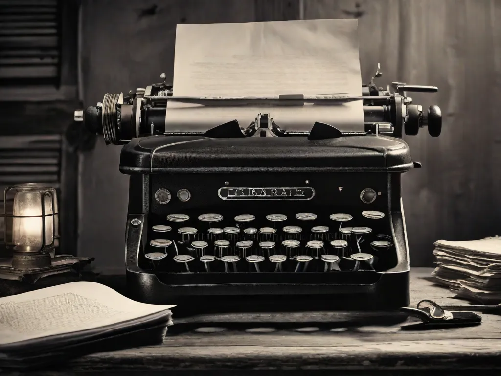 Uma fotografia em preto e branco de uma máquina de escrever sobre uma mesa de madeira, cercada por pedaços de papel amassados. A luz do sol que entra pela janela cria um brilho suave, destacando as teclas desgastadas e os traços tênues de tinta no papel. Uma representação visual da poesia diária de Mário Quintana.