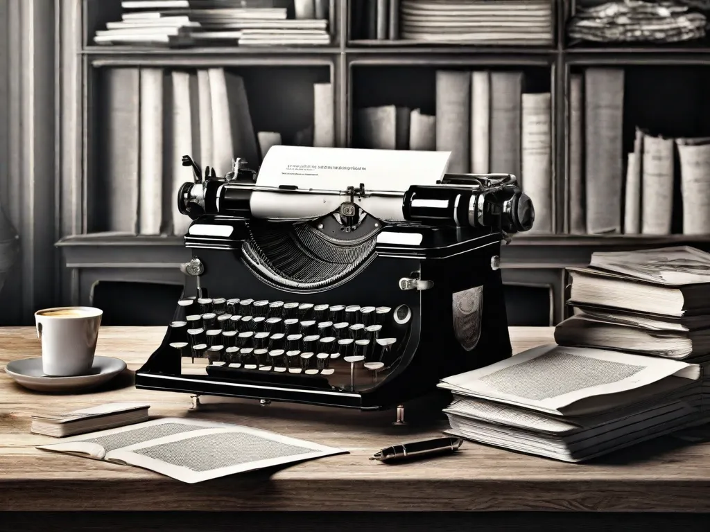 Uma fotografia em preto e branco de uma antiga máquina de escrever sentada em uma mesa de madeira, cercada por papéis amassados. O quarto está cheio de prateleiras de livros, lançando um brilho suave da iluminação suave. Uma xícara de café fumegante fica ao lado da máquina de escrever, evocando uma sensação de criatividade e reflex