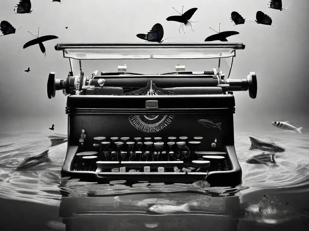Uma fotografia em preto e branco de uma máquina de escrever submersa em um aquário, cercada por objetos surreais flutuantes como relógios, guarda-chuvas e borboletas. A água ondula, distorcendo o reflexo do ambiente, criando uma atmosfera sobrenatural que captura a essência da poesia surrealista brasileira de Murilo Mendes.
