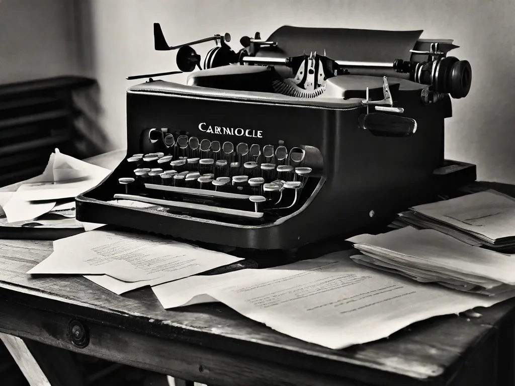Uma fotografia em preto e branco de uma antiga máquina de escrever sentada em uma mesa de madeira, cercada por pedaços amassados de papel. A máquina de escrever é iluminada por um suave raio de sol, destacando as teclas e as letras desgastadas nelas. A imagem captura a essência do legado literário de Carlos Drummond de Andrade, combinando a arte da cr