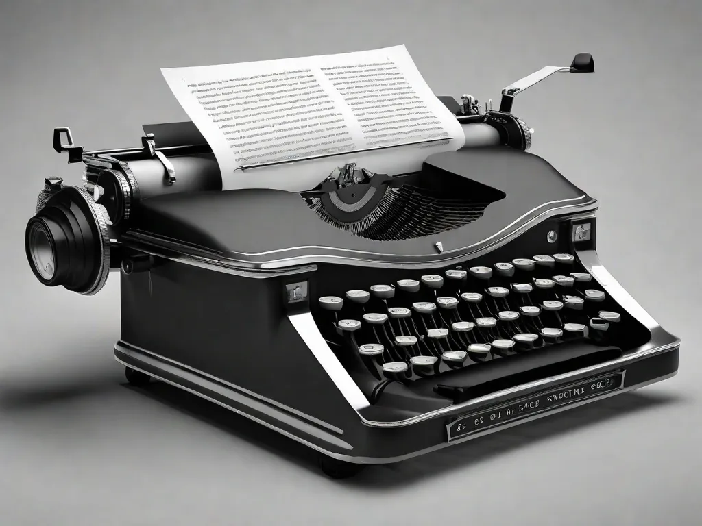 Uma imagem em preto e branco de uma máquina de escrever com uma folha em branco dentro dela, simbolizando o uso inovador da linguagem por Guimarães Rosa. A imagem captura a essência de seu processo de escrita e o poder transformador de suas criações linguísticas.
