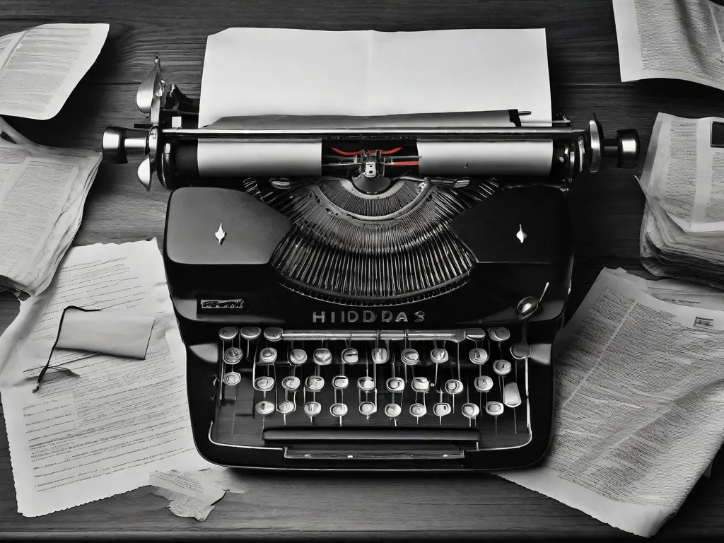 Uma fotografia em preto e branco de uma máquina de escrever sobre uma mesa de madeira, cercada por folhas de papel amassadas. As teclas da máquina de escrever estão no meio do movimento, capturando a essência da experimentação literária de Hilda Hilst e sua audaciosa exploração da linguagem e da forma.