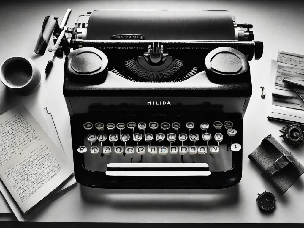 Uma fotografia em preto e branco de uma máquina de escrever com uma folha de papel em branco dentro dela, cercada por páginas amassadas espalhadas. A imagem captura a essência da experimentação literária de Hilda Hilst, simbolizando o processo criativo e as infinitas possibilidades que residem no reino das palavras.