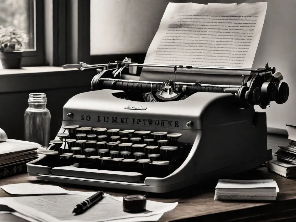 Uma fotografia em preto e branco de uma antiga máquina de escrever sentada em uma mesa de madeira, cercada por pedaços amassados de papel. A máquina de escrever é iluminada por um suave raio de sol, destacando as teclas e as letras desgastadas nelas. A imagem captura a essência do legado literário de Carlos Drummond de Andrade, combinando a arte da cr