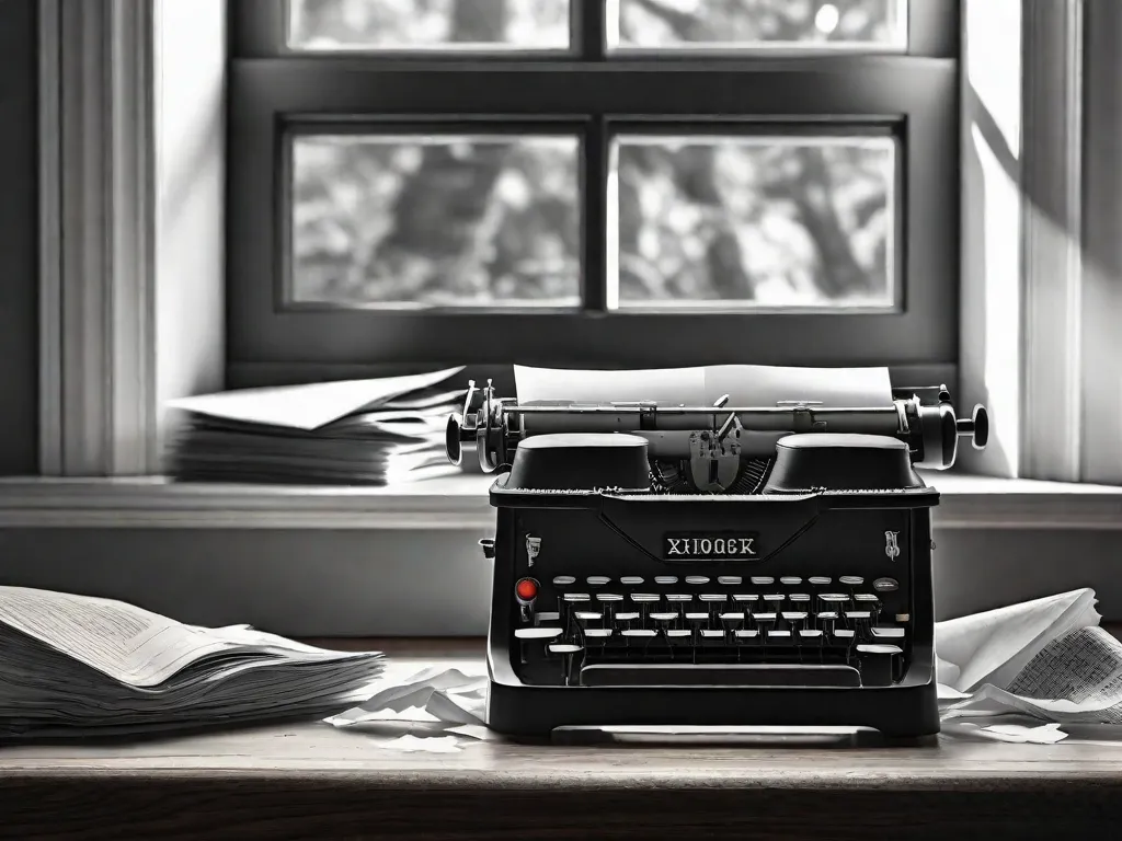 Uma fotografia em preto e branco de uma máquina de escrever pousada em uma mesa de madeira, cercada por folhas de papel amassadas espalhadas. Os raios de sol que atravessam uma janela próxima lançam um brilho suave, iluminando as teclas e criando uma atmosfera de criatividade e inspiração.