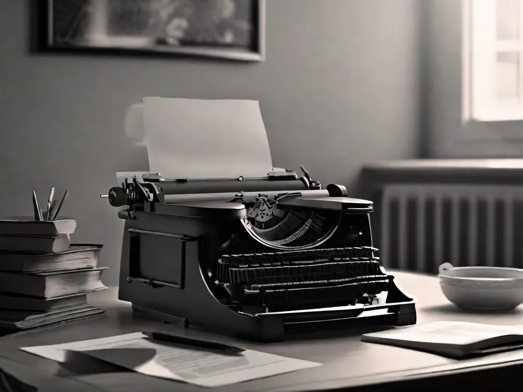 Uma imagem em preto e branco de uma máquina de escrever, com as teclas iluminadas por uma luz suave. A máquina de escrever está em cima de uma mesa de madeira, cercada por folhas de papel amassadas. A imagem captura a essência do estilo inovador de escrita de Guimarães Rosa, simbolizando o processo criativo e o nascimento da literatura brasileira revolucionária.