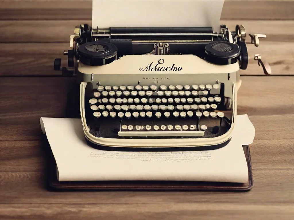 Uma imagem de uma máquina de escrever antiga com uma folha de papel parcialmente desenrolada, revelando uma frase escrita em caligrafia elegante: 