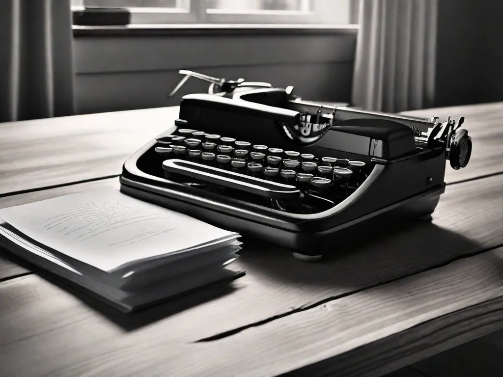 Descrição da imagem: Uma fotografia em preto e branco de uma máquina de escrever colocada em uma mesa de madeira. A máquina de escrever está levemente inclinada, com uma folha de papel em branco inserida, esperando para ser preenchida com palavras. A luz fraca de uma janela próxima lança um brilho suave na cena, criando uma atmosfera de criatividade e introspec