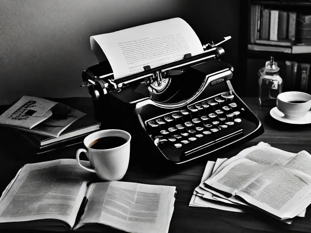 Descrição da imagem: Uma fotografia em preto e branco de uma máquina de escrever, com uma pilha de papéis amassados ao lado. A máquina de escrever está cercada por livros espalhados, uma xícara de café meio vazia e um par de óculos. A imagem captura a essência do processo de escrita de Moacyr Scliar, onde fantasia e realidade se entrelaç