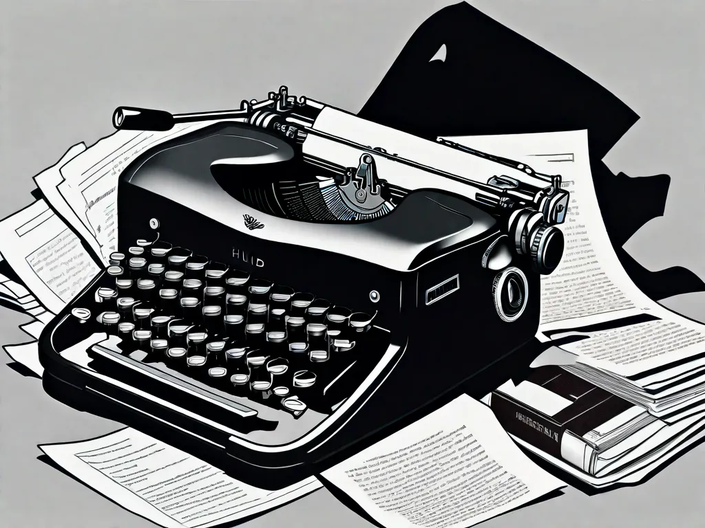 Uma imagem em preto e branco de uma máquina de escrever, com uma pilha de papéis ao lado. A máquina de escrever está cercada por papéis amassados espalhados, simbolizando o processo criativo e a natureza transgressora da poesia e prosa de Hilda Hilst. A imagem captura a essência de seu espírito rebelde e a crueza de sua escrita.
