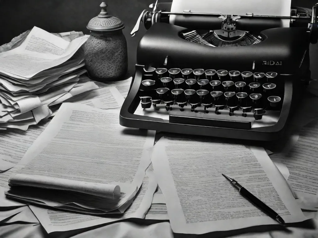Uma fotografia em preto e branco de uma máquina de escrever com uma folha de papel em branco dentro dela, cercada por páginas amassadas espalhadas. A imagem captura a essência da experimentação literária de Hilda Hilst, simbolizando o processo criativo e as infinitas possibilidades que residem no reino das palavras.