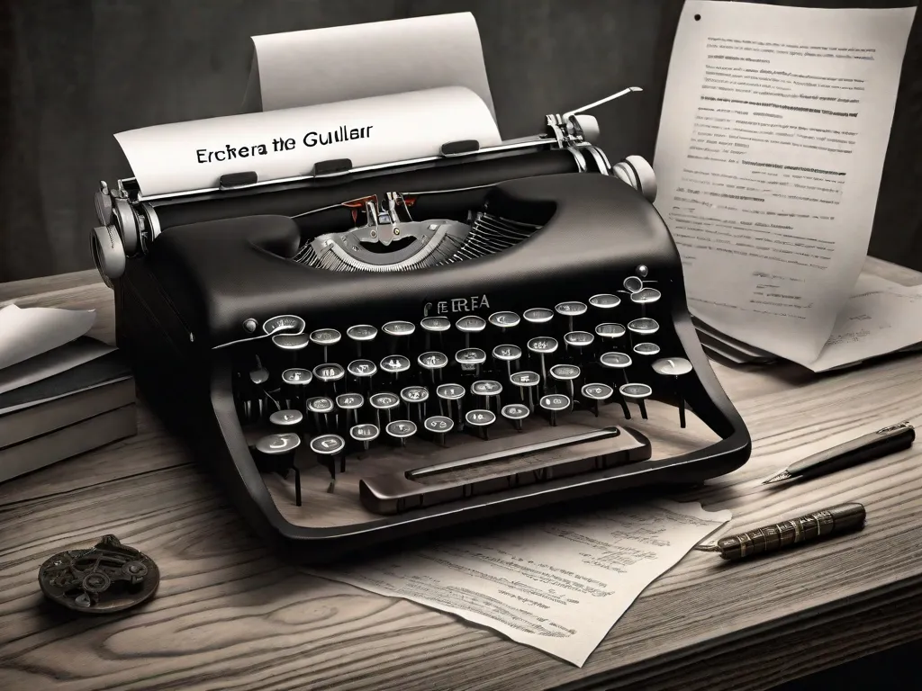 Uma fotografia em preto e branco de uma máquina de escrever colocada sobre uma mesa de madeira. As teclas estão levemente desgastadas, indicando anos de uso. Uma folha de papel está inserida na máquina de escrever, com palavras digitadas nela, simbolizando a poesia engajada e inovadora de Ferreira Gullar.