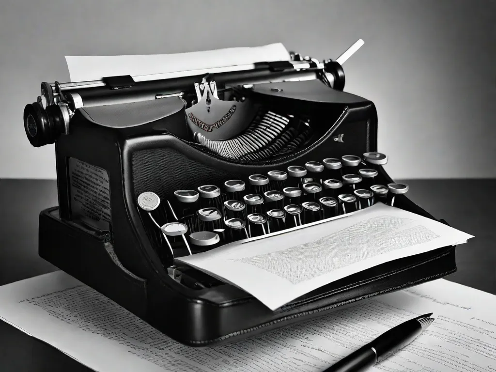 Uma fotografia em preto e branco de Ferreira Gullar, um renomado poeta brasileiro, sentado em uma máquina de escrever com uma expressão determinada no rosto. A imagem captura a essência de sua poesia como um poderoso ato político, com palavras fluindo de seus dedos como faíscas que incendeiam uma revolução.